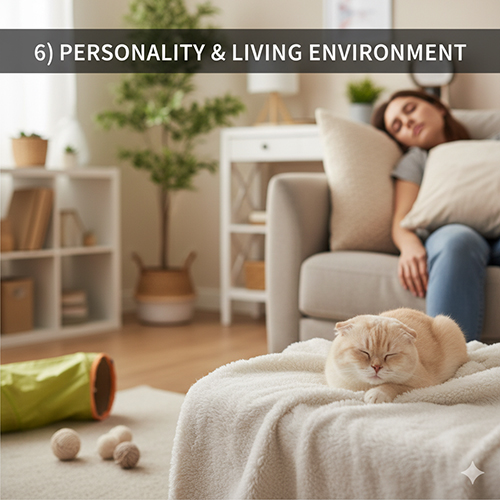 Mèo tai cụp màu vàng ngủ trên chăn trong căn hộ, chủ ngồi sofa phía sau; minh họa tính cách hiền, quấn người và môi trường sống lý tưởng.