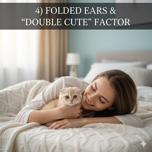 Mèo Scottish Fold vàng nằm ôm chủ trên giường; nhấn tai cụp sâu tạo hiệu ứng “cute gấp đôi”.