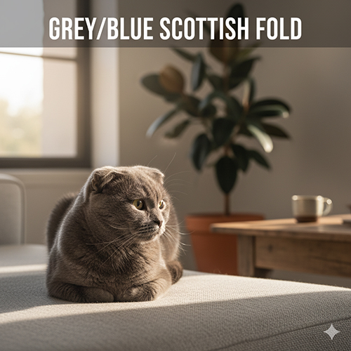Mèo tai cụp Scottish Fold màu xám xanh nằm thư giãn trên ghế sofa trong không gian phòng khách sáng, ánh sáng tự nhiên chiếu nhẹ qua cửa sổ.