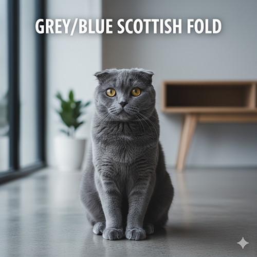 Mèo Scottish Fold xám xanh ngồi gần cửa sổ, lông mịn màu xanh khói, mắt vàng đồng, tai cụp gọn.