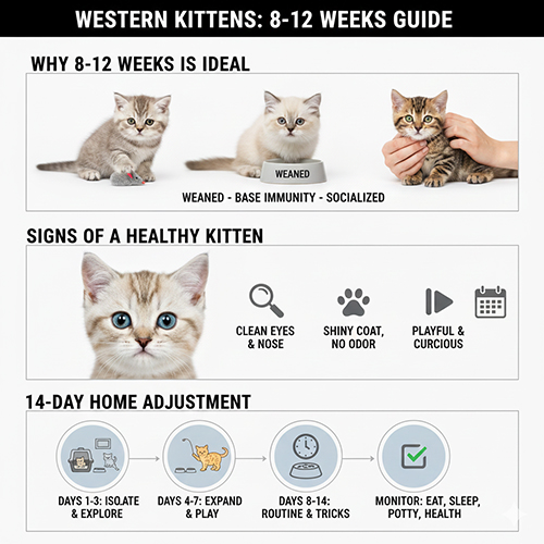 Mèo Tây con 8–12 tuần tuổi với dấu hiệu khỏe mạnh và lịch làm quen nhà mới