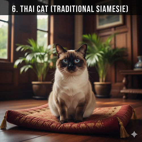 Mèo Thai Cat Siamese truyền thống với màu point và mắt xanh ngồi trên đệm
