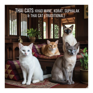 Ảnh đại diện các giống mèo Thái Lan gồm Khao Manee Korat Suphalak và mèo Thái truyền thống