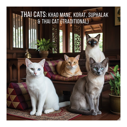 Ảnh đại diện các giống mèo Thái Lan gồm Khao Manee Korat Suphalak và mèo Thái truyền thống