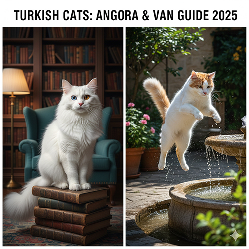 mèo Thổ Nhĩ Kỳ Turkish Angora và Turkish Van lông trắng mắt xanh dị biệt và mèo Van nhảy cạnh hồ nước