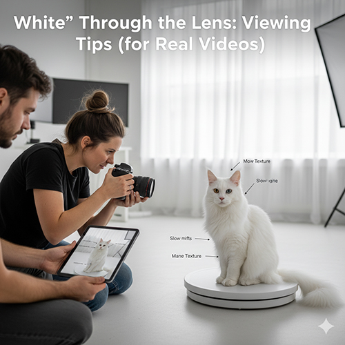 Người chụp và người quay đang ghi hình mèo Maine Coon trắng trong studio để kiểm tra texture và độ xù