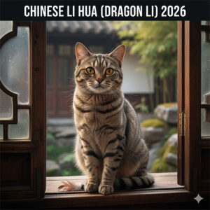 Mèo Trung Quốc Chinese Li Hua Dragon Li ngồi trước cửa gỗ truyền thống, lông vằn nâu, mắt vàng