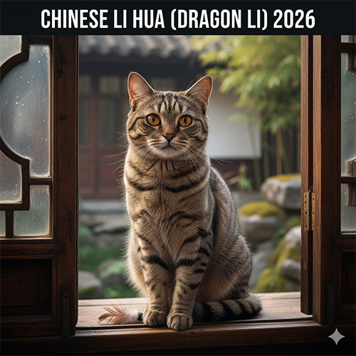 Mèo Trung Quốc Chinese Li Hua Dragon Li ngồi trước cửa gỗ truyền thống, lông vằn nâu, mắt vàng