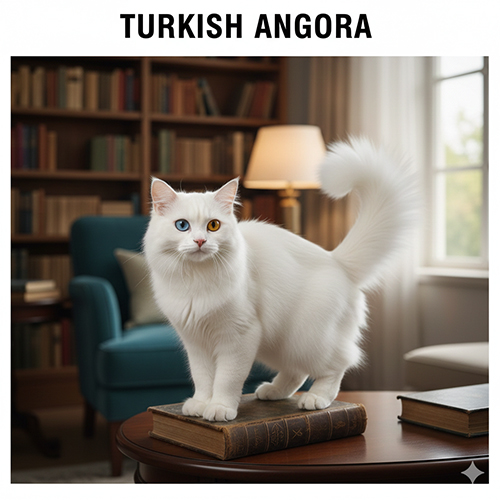 meo Turkish Angora long trang dung tren sach trong phong sach dep sang trong