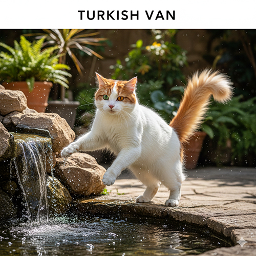 meo Turkish Van than trang dau va duoi mau cam dang nghich nuoc ben ho nuoc