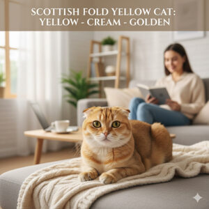Mèo tai cụp màu vàng (yellow/cream/golden) nằm trên ghế sofa; ảnh minh họa bài viết phân biệt sắc độ và cách chăm.