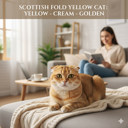 Mèo tai cụp màu vàng (yellow/cream/golden) nằm trên ghế sofa; ảnh minh họa bài viết phân biệt sắc độ và cách chăm.