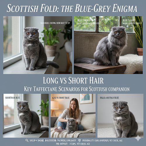 mèo tai cụp màu xám xanh scottish fold phân biệt solid blue blue smoke blue tabby lông ngắn và lông dài kèm mẹo chăm lông