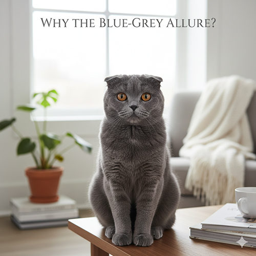 mèo scottish fold màu xám xanh ngồi trong căn hộ ánh sáng dịu gương mặt tròn mắt hổ phách lý do màu xám được ưa chuộng