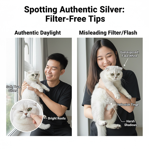 So sánh mèo Silver Scottish Fold dưới ánh sáng tự nhiên và khi chụp bằng filter, minh họa cách nhận biết màu bạc thật