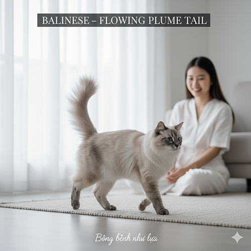 Mèo Xiêm lông dài Balinese với đuôi plume bồng bềnh chuyển động, bước đi nhẹ nhàng trong không gian sáng tối giản.