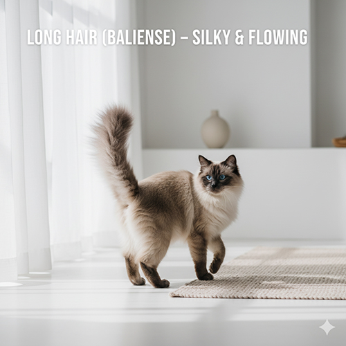 Mèo Xiêm Balinese màu lilac lông dài mềm mượt, bước đi nhẹ nhàng trong không gian trắng sáng tối giản.