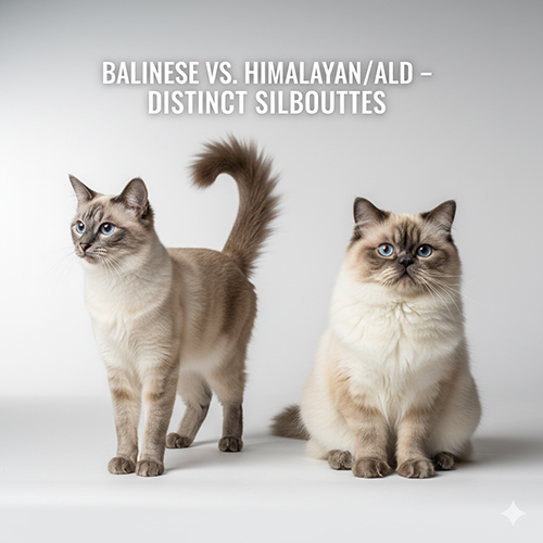 So sánh mèo Xiêm lông dài Balinese và mèo Himalayan/Anh lông dài, thể hiện rõ khác biệt khuôn mặt, dáng người và lông.