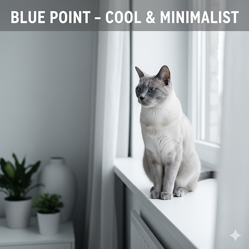 Mèo Xiêm màu blue point với lông xám xanh dịu, mắt xanh lam và phong nền nội thất tối giản tông trắng xám.