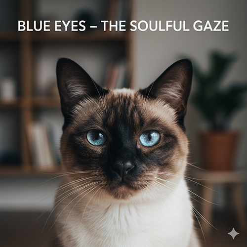 Cận cảnh mèo Xiêm với đôi mắt xanh biếc phản chiếu ánh sáng cửa sổ, ánh nhìn sâu và có hồn.