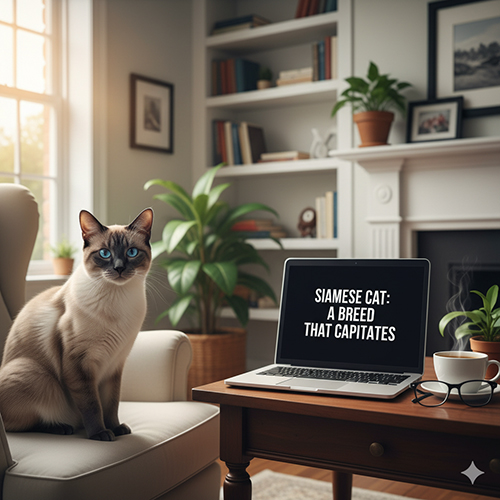 Mèo Xiêm ngồi cạnh laptop trên bàn làm việc trong phòng khách, màn hình hiển thị dòng chữ về giống mèo Xiêm