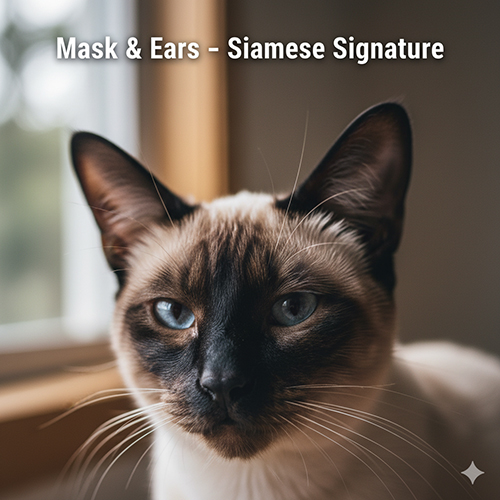 Cận cảnh mèo Xiêm với mask đậm và tai sẫm màu, đường viền rõ nét tạo nên dấu ấn đặc trưng của giống mèo Xiêm.