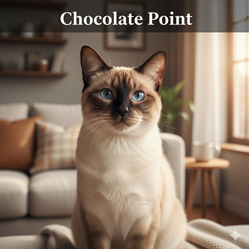 Mèo Xiêm Chocolate Point với point nâu sữa ấm và thân sáng ngà, ánh mắt xanh nổi bật
