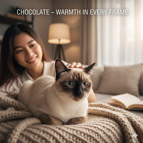 Mèo Xiêm màu chocolate point nằm trên chăn len be, ánh sáng vàng ấm tạo cảm giác thân thiện và gần gũi.