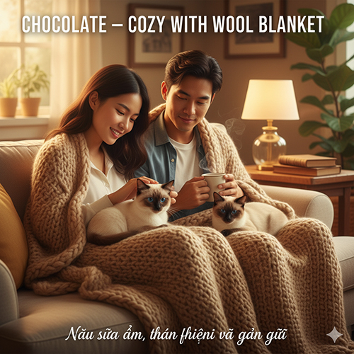 Mèo Xiêm màu chocolate point với lông nâu sữa, mask viền mềm và ánh sáng ấm áp trong không gian be nhẹ.