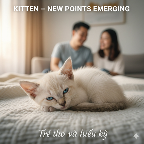 Mèo Xiêm con nằm trên giường, lông sáng và point mới lên nhẹ, phía sau là cặp đôi mỉm cười trong ánh sáng ấm.