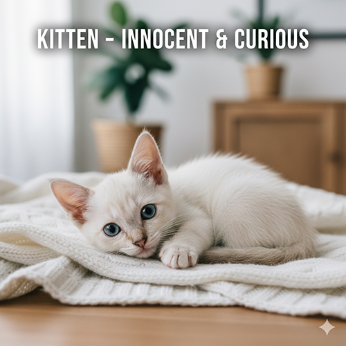 Mèo Xiêm con body sáng, lông sữa mềm và đôi mắt xanh hiếu kỳ nằm trên khăn trắng trong không gian ấm áp.