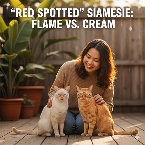 Cô gái ngoài sân vườn nắng chiều ngồi cạnh hai chú mèo Xiêm, một bé point đỏ cam Flame và một bé point kem sáng Cream