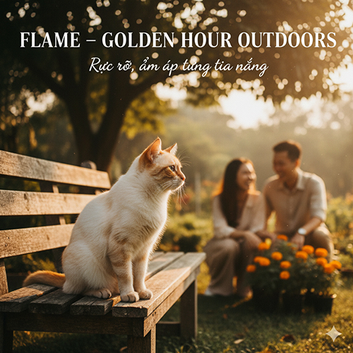 Mèo Xiêm màu flame point ngồi trên ghế gỗ công viên, ánh sáng giờ vàng rực rỡ bao quanh, phía sau là đôi vợ chồng mỉm cười.