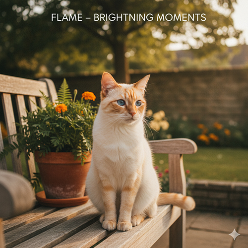 Mèo Xiêm màu flame point với lông cam nhạt, mắt xanh và ánh nắng vàng nhẹ buổi chiều ngoài vườn.