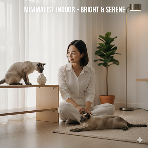 Mèo Xiêm trong không gian tối giản với tường trắng, rèm sheer và nội thất gỗ sáng tạo cảm giác yên bình.