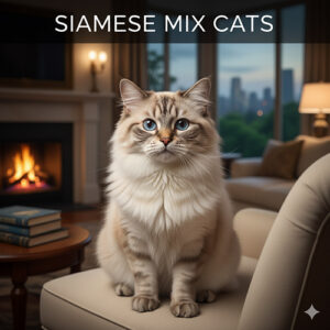 Mèo Xiêm lai với đôi mắt xanh và bộ lông dài, chụp trong phòng khách ấm cúng, biểu cảm hiền hòa.