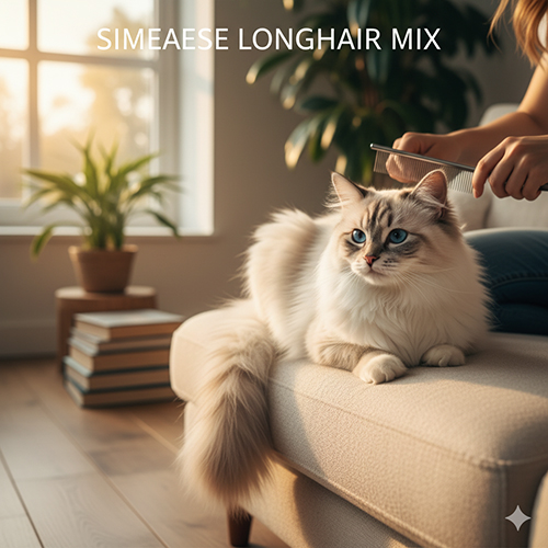 Mèo Xiêm lai Anh lông dài với bộ lông dài mượt, mắt xanh lam, nằm thư giãn trên ghế sofa và được chải lông nhẹ nhàng.