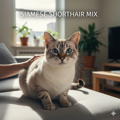 Mèo Xiêm lai Anh lông ngắn với đôi mắt xanh lam, lông ngắn dày và thân hình ấm áp đang ngồi trên ghế sofa dưới ánh sáng tự nhiên.