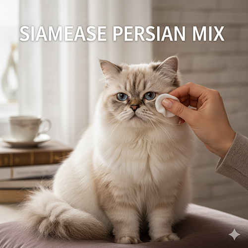 Mèo Xiêm lai Ba Tư với bộ lông dày mịn, mắt xanh lam, được lau mặt nhẹ nhàng trong không gian ấm áp.