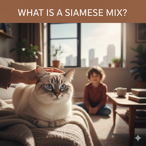 Mèo Xiêm lai nằm trên ghế sofa, được vuốt ve trong căn phòng sáng, phía sau là bé trai đang mỉm cười.