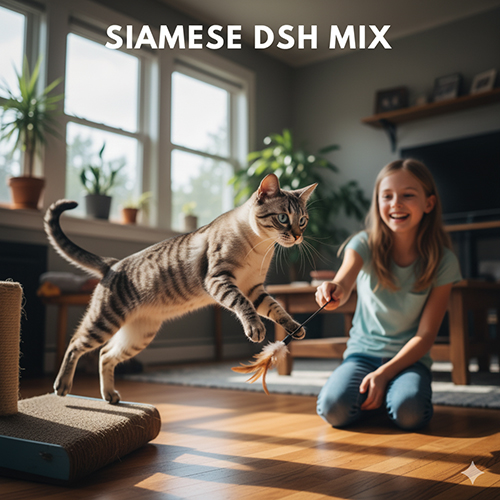 Mèo Xiêm lai mèo ta có hoạ tiết mướp, đang chơi với cô bé trong phòng khách sáng sủa, thể hiện sự linh hoạt và thân thiện.