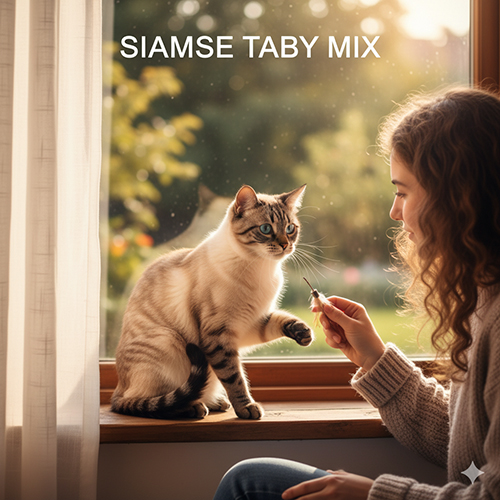 Mèo Xiêm lai mướp với họa tiết sọc đặc trưng, ngồi trên bậu cửa sổ và chơi cùng cô gái trong ánh nắng chiều.