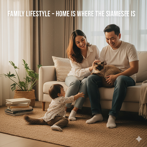 Gia đình hạnh phúc bên mèo Xiêm trong phòng khách sáng, bé nhỏ chơi đùa và bố mẹ mỉm cười dịu dàng.