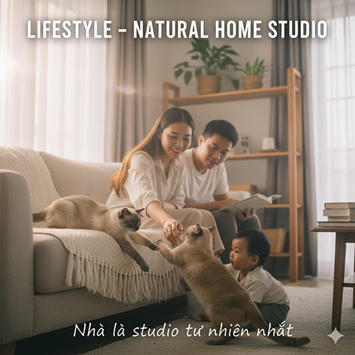 Gia đình vui đùa cùng mèo Xiêm trong phòng khách sáng, ánh sáng tự nhiên chiếu qua rèm tạo cảm giác ấm áp và gần gũi.