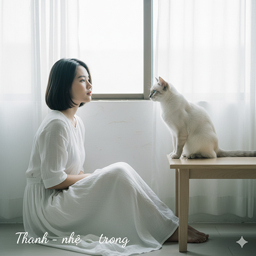 Mèo Xiêm màu lilac point ngồi trên bàn cạnh cửa sổ sáng, đối diện cô gái mặc váy trắng trong không gian tối giản.