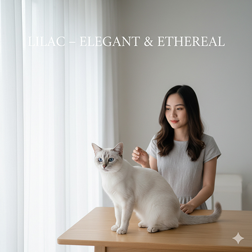 Mèo Xiêm màu lilac point với lông sáng, mắt xanh nhẹ và phong cách chụp tối giản cạnh rèm trắng.