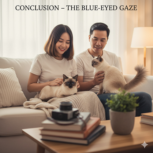 Cặp đôi ngồi trên sofa cùng hai mèo Xiêm, ánh sáng cửa sổ chiếu nhẹ làm nổi bật đôi mắt xanh và lông point đậm.