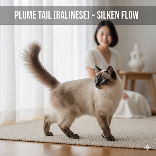 Mèo Xiêm lông dài (Balinese) với bộ lông bồng bềnh và đuôi plume mềm mại trong không gian sáng tinh khôi.