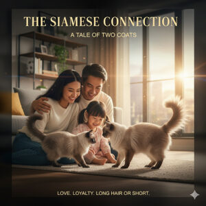 Gia đình vui đùa cùng hai mèo Xiêm lông dài và lông ngắn trong ánh nắng buổi chiều, biểu trưng cho sự khác biệt và tình gắn bó giữa hai giống