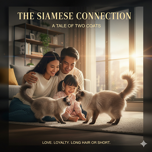 Gia đình vui đùa cùng hai mèo Xiêm lông dài và lông ngắn trong ánh nắng buổi chiều, biểu trưng cho sự khác biệt và tình gắn bó giữa hai giống